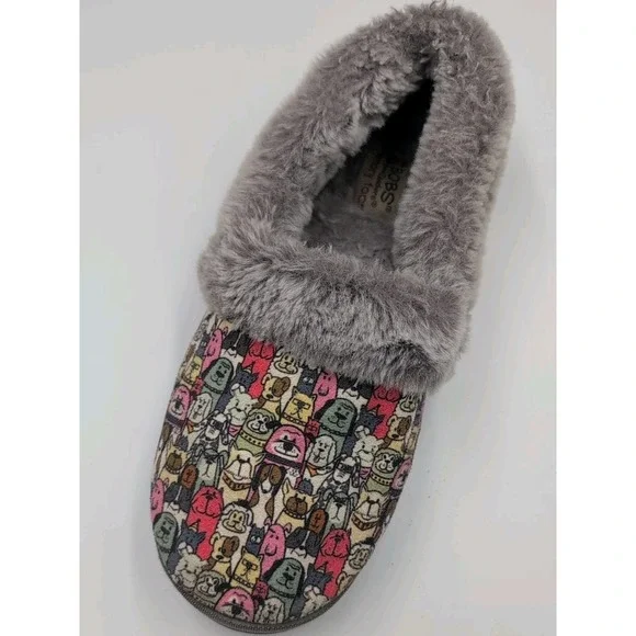 Skechers BOBS Slippers Women 7.5 Dog Print Faux Fur Lined Memory Foam Cozy - Picture 10 of 16